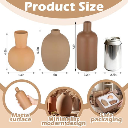 3 Pcs Ceramic Vases Modern Terracotta Vase Brown for Home Decor Round Matte Boho for Table Decor Living Room Minimalist Nordic Centerpiece Decorations