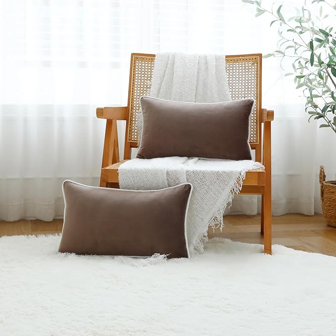 LIGICKY Set of 2 Light Brown Velvet Lumbar Pillow Covers Modern Minimalist Style Solid Decorative White Rope Edging Soft Rectangle Cushion Cases for Sofa Bedroom Party Décor, 12 x 20 inch