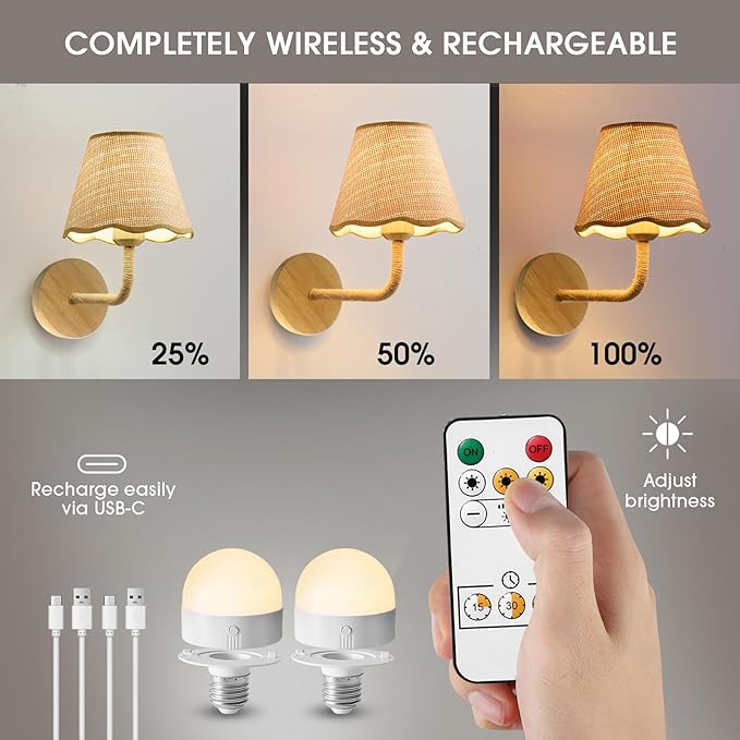 Set of Two Stick-On Hand Woven Wall Sconces, Battery Operated Wireless Wall Sconces with Remote Controlled, Adjustable Brightness Living Room Wall Decor(E26 Bulb Included)
