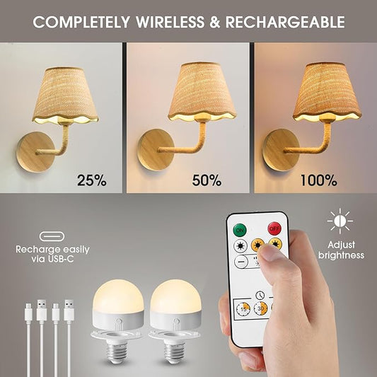 Set of Two Stick-On Hand Woven Wall Sconces, Battery Operated Wireless Wall Sconces with Remote Controlled, Adjustable Brightness Living Room Wall Decor(E26 Bulb Included)