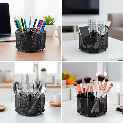 Rotating Pen Holder with 5-Compartment, Metal Mesh Pencil Organizer and Marker Holder for Desk, Crayon Organizer and Spinning Desk Organizer for Office School Supplies, Black