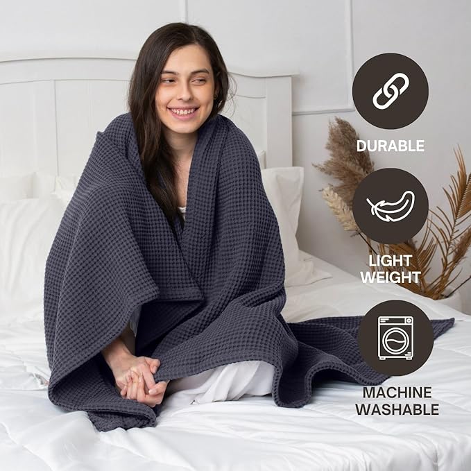 Organic Cotton Waffle Blankets Throw Size (50" x 60") Lightweight, Breathable and Soft, for Sofa, Couch, Bed, Picnic All-Season - Summer, Spring, Winter (Grey)