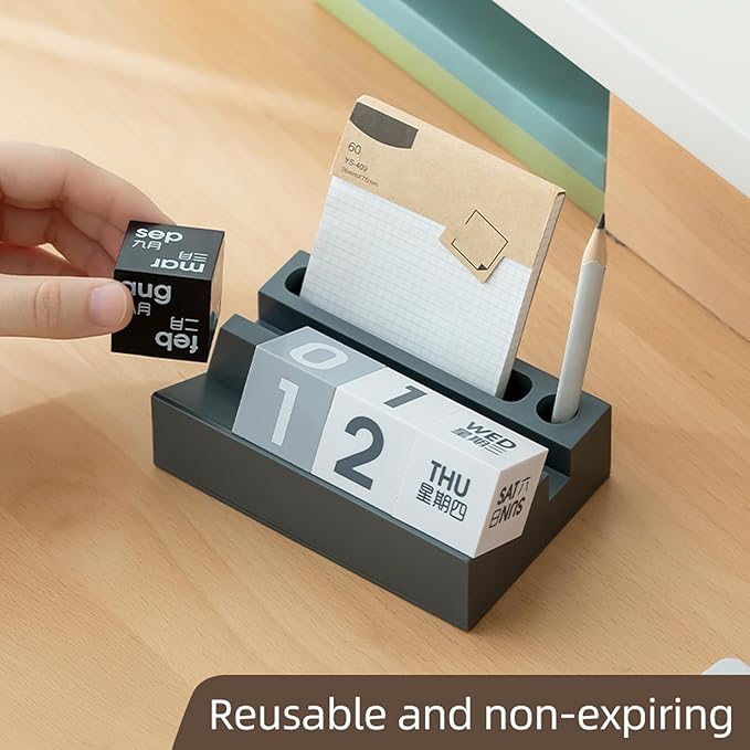 Block Calendar for Desk, Daily Desktop Perpetual Desk Calendar, Cute Date Display Blocks Desk Accessory for Home Office Decor, Teacher, Classroom, Reusable Yearly (Grey, With phone holder)