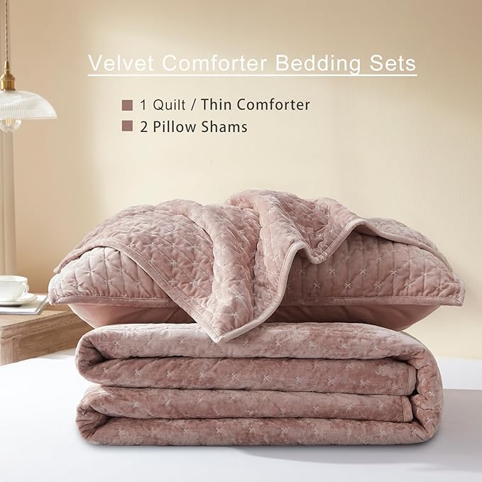 LEAONME Velvet Quilt King Size 98''x106'', Lightweight Dusty Pink Velvet Comforter Set with 2 Matching Shams, Soft Cross Stitch Bedspread Coverlet Bedding Set for All Season