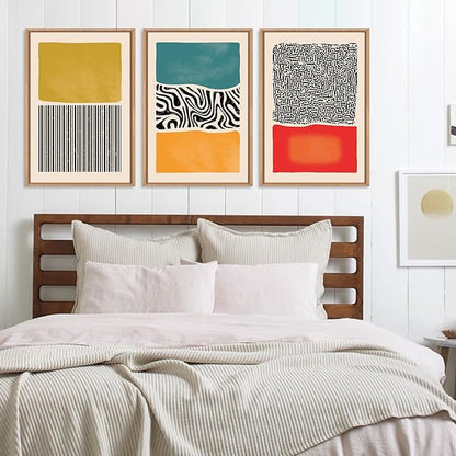 HLNIUC Large Mid Century Modern Wall Art Framed 24x36, Boho Abstract 3 Piece Canvas Decor, Mcm Vintage Bohemian Color Block Painting, Geometric Line Art Print for Living Room, Bedroom, Office