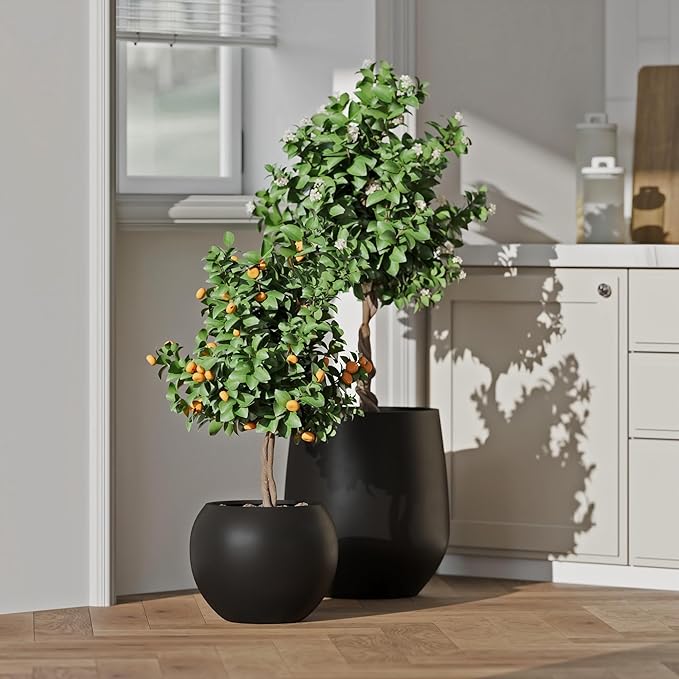 DTY Signature Mount Sherman 19.7''D x 21.7''H Modern Indoor Outdoor Fiberstone Sphere Planter, Durable Round Garden Pot, Weather Resistant, Drainage Hole & Rubber Plug - Large, Black
