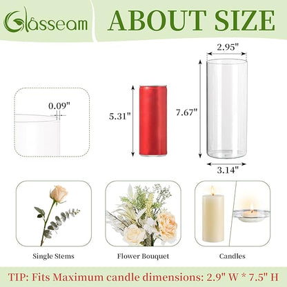 Glasseam Glass Cylinder Vases for Centerpieces, Clear Flower Vase Set of 12, Modern Floating Candle Vases Decor, Decorative Hurricane Pillar Candle Holders for Wedding Dining Table Decorations, 8in
