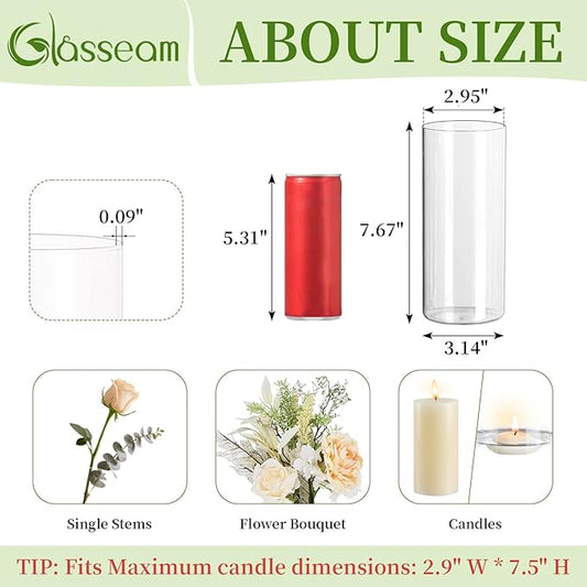 Glasseam Glass Cylinder Vases for Centerpieces, Clear Flower Vase Set of 12, Modern Floating Candle Vases Decor, Decorative Hurricane Pillar Candle Holders for Wedding Dining Table Decorations, 8in