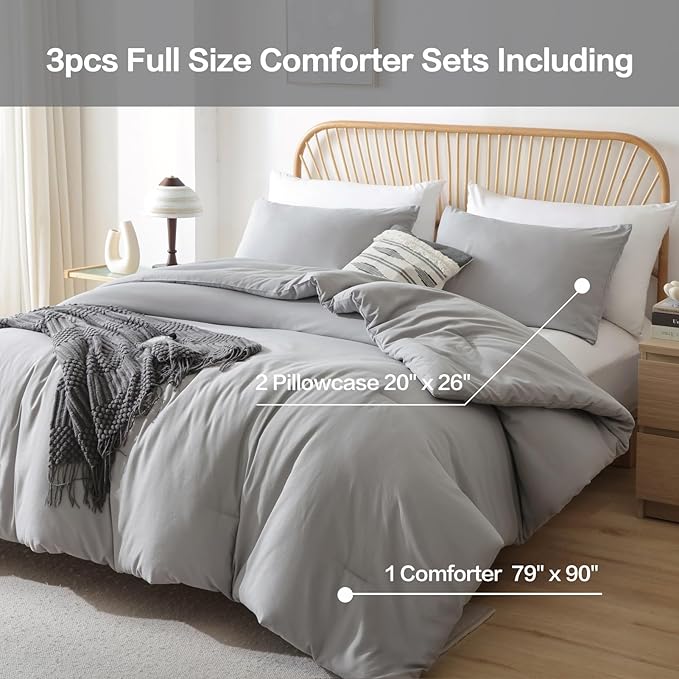 ROSGONIA Full Size Comforter Sets for Girls Boys Kids Grey, 3pcs Comforter Full Size (1 Gray Comforter & 2 Pillowcases) Lightweight Dorm Bedding Sets