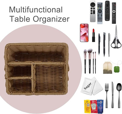 Rattan Remote Control Holder, Wicker Desk Organizer Basket for TV Remotes, Office Supplies, Makeup Brushes, Handwoven Storage Caddy for Tabletop, Shelf, or Kitchen Use (Natural Brown)