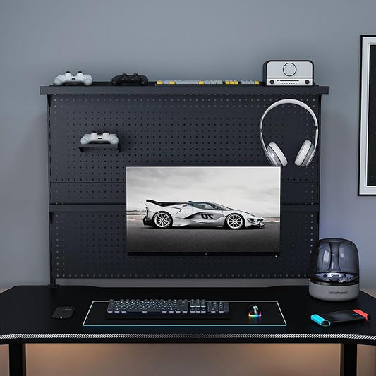 KEIKI Clamp-On Desk Pegboard with Single Monitor Stand, 43" x 35" Steel Peg Board Office Organizer with Hooks, Movable Panel & Shelf for Office Supplies, Gaming Setup & Desk Organization, Black