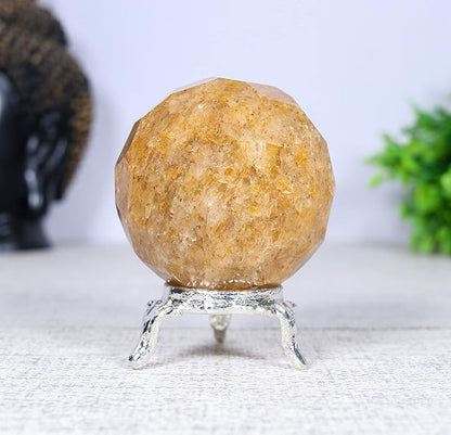 Crocon 50mm Camel Jasper Diamond Cut Stone Sphere Ball with Metal Stand 1400+ Carats Gemstone Ball Healing Ornament Rock Sphere Sculpture Figurine for Fengshui Divination Crystal Home Decor