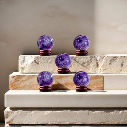 Natural Clear Quartz Crystal Sphere with Stand，5PC Real Crystals Ball, Clear Quartz Small Ball Decor (Amethyst Ball)