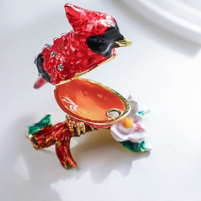 YU FENG 3.1inch Cardinal Bird on a Branch Trinket Box Animal Enamel Jewelry Trinket Box Small Hinged Trinket Boxes Bird Figurine Ring Box Christmas Gift for Daughter Girl