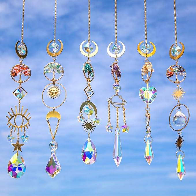 6 PCS Crystal Suncatchers for Window Hanging, Sun Catchers Indoor Window Garden Hanging with Crystals Prism Light Catcher,Tree of Life Crystal Suncatcher for Indoor Outdoor Home Garden Party Decor