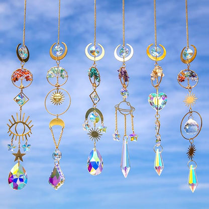 6 PCS Crystal Suncatchers for Window Hanging, Sun Catchers Indoor Window Garden Hanging with Crystals Prism Light Catcher,Tree of Life Crystal Suncatcher for Indoor Outdoor Home Garden Party Decor