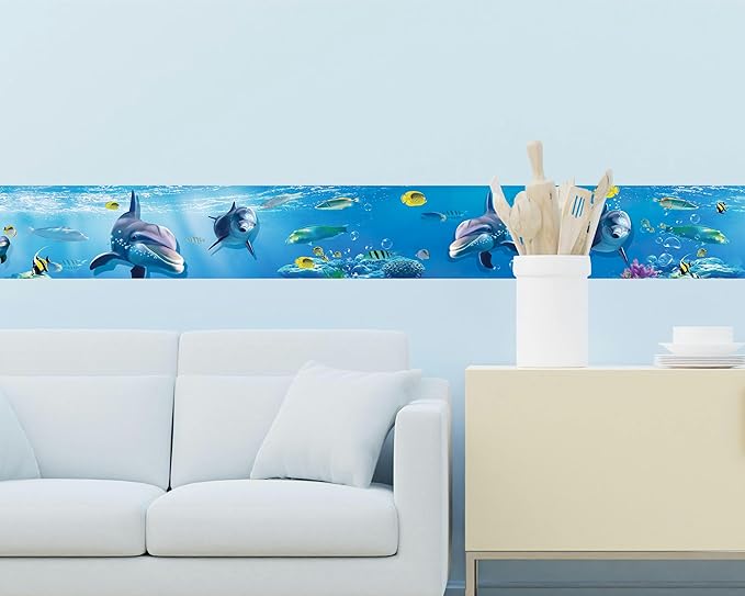 FLFK Peel and Stick Wallpaper Border Wall Decals for Kids Room - Under The Sea Fish Stickers Murals, 9" x 240" (Blue)
