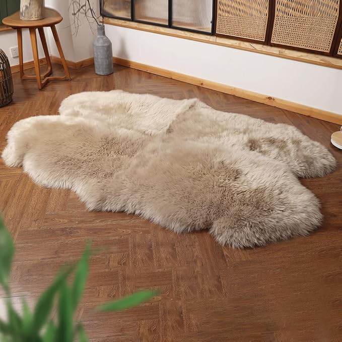 Premium Genuine Fur Sheepskin Rug Real Australia Sheepskin Natural Luxury Fluffy Lambskin Fur Area Rug Seat Covers for Kids Bedroom Sofa Chair Cover (Creamy Gray, 4ft x 6ft)