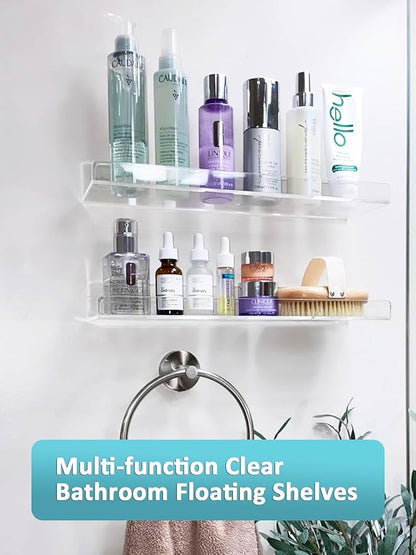 Albumgit 2 Pack Acrylic Shelves for Wall Storage, Self-Adhesive 15" Clear Floating Shelf for Figures, Photo, Makeup, Book, Wall Mounted Shelves for Bathroom, Living Room, Bedroom, Kitchen