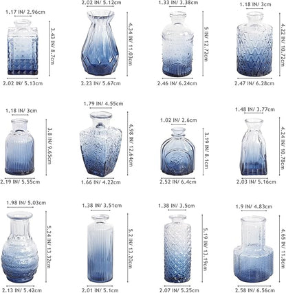 Coastal Blue Glass Bud Vases in Bulk 12, Assorted Embossed Boho Small Flower Vases for Centerpieces, Wedding, Party, Events, Modern Decorative Blue Mini Vase Bottles for Table, Shelves, Home