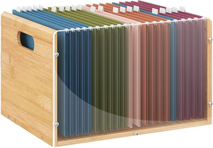 Letter/Legal Bamboo Acrylic File Box Organizer, Hanging File Folder Storage Boxes, Decorative Document Crate Transparent Filing Bin with Handle for Home Office Desk
