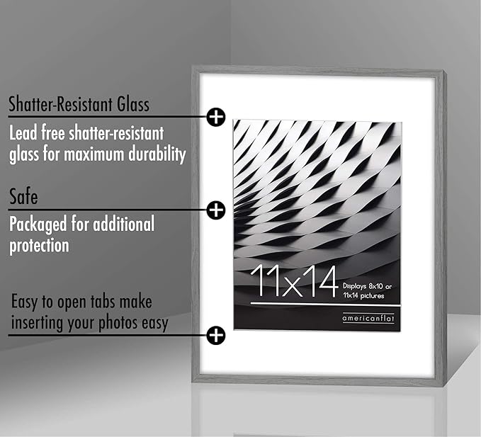 Americanflat 11x14 Picture Frame with Shatter-Resistant Glass - Use as 8x10 Frame with Mat or Display 11x14 Photo Without Mat - Streamline Collection - Thin Border Picture Frames for Wall - Grey