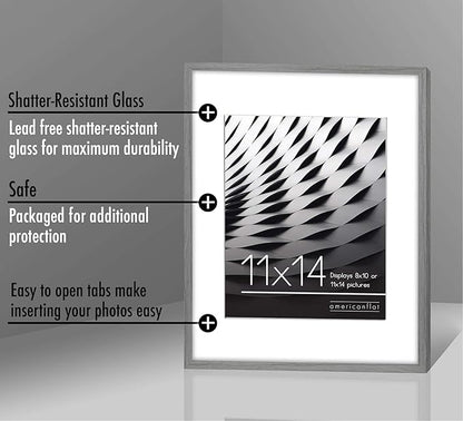Americanflat 11x14 Picture Frame with Shatter-Resistant Glass - Use as 8x10 Frame with Mat or Display 11x14 Photo Without Mat - Streamline Collection - Thin Border Picture Frames for Wall - Grey