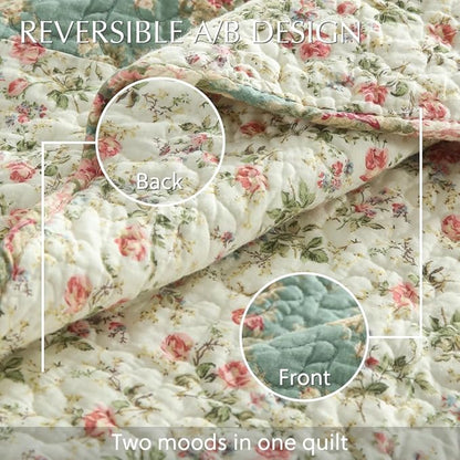 Cotton Bedspread Quilt Bedding Sets, 3 Pieces Reversible Coverlets Comforters Star with Green Floral Real Patchwork Bedspread, King Size