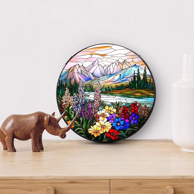 Valley Stained Glass Window Hanging, 7.8" Round Sun Catcher Hand Painted Wall Art Decor with Chain, Unique Housewarming Gifts for Couples, Home