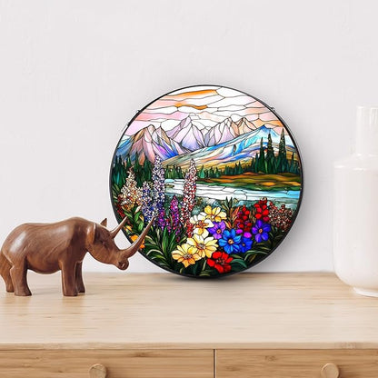 Valley Stained Glass Window Hanging, 7.8" Round Sun Catcher Hand Painted Wall Art Decor with Chain, Unique Housewarming Gifts for Couples, Home
