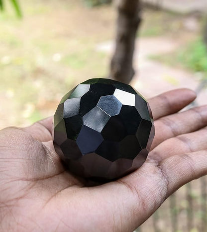 Crocon 50mm Black Tourmaline Diamond Cut Stone Sphere Ball with Metal Stand 1400+ Carats Gemstone Ball Healing Ornament Rock Sphere Sculpture Figurine for Fengshui Divination Crystal