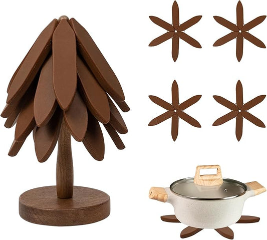 Silicone Trivets Mat Set for Hot Dishes - Tree Trivets with Stand - Hot Pads Pot Holders for Kitchen (Brown)