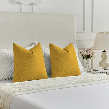 FUTEI Mustard Yellow Chenille Decorative Throw Pillow Covers 22x22 Inch Set of 2,Soft Cozy Faux Linen Textured Cushion Case,Farmhouse Home Decor for Couch Living Room