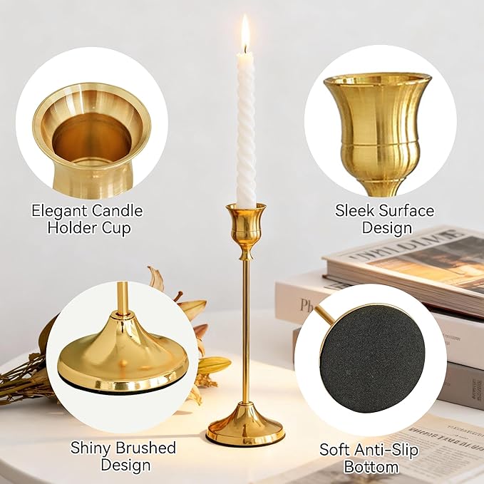 Taper Candle Holders, Tall Vintage Metal Candlestick Holders, 3 PCS Gold Candle Sticks Holders for Home Decor Table Centerpiece Wedding Housewarming Festival, Gold, 1 Set (3 pcs)