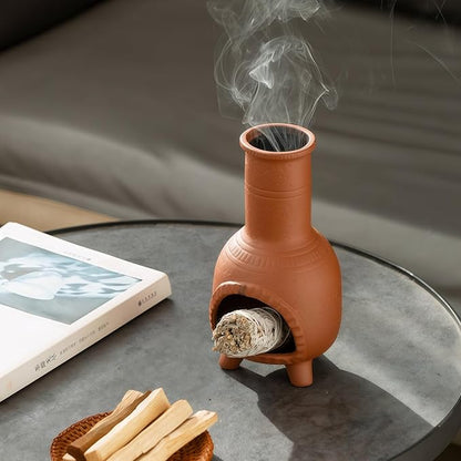 Handmade Terracotta Palo Santo Holder Burner & Sage Holde - Mexican Style Mini Tabletop Chiminea Tray with Ash Catcher, Decorative Incense Holder for Spiritual Meditation & Yoga