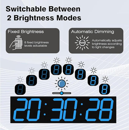 Digital Wall Clock with Large Display, 28.4‘’LED 6-Digit Large Digital Clock with Adjustable Brightness, Multifunction Gym Clock with Countdown,Stopwatch and Workout Interval Timing (Blue)