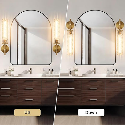 19.5" Knurled Brass Wall Sconces Set of 2, Gold Bathroom Vanity Light Fixtures with Water Ripples Glass Tube, Modern Lamp Lighting for Bedroom, Living Room, Hallway, Staircase, Mirror, Kitchen