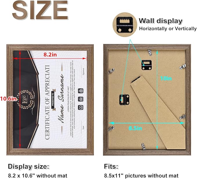 KINLINK 8.5x11 Picture Frame Brown Wood, Solid Wood Diploma Frames with Acrylic Plexiglass for Pictures, Certificate Degree Document Frame Tabletop and Wall Mounting Display, 4 Pack
