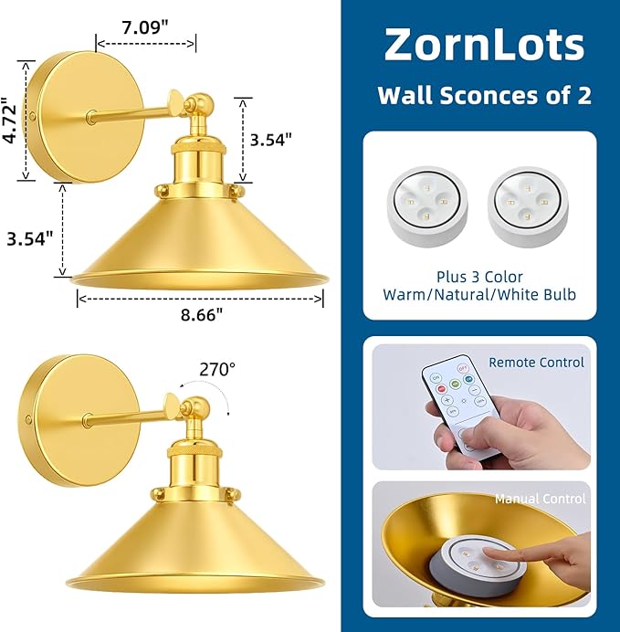 Gold Battery Operated Wall Sconce Set of 2,Vintage Wireless Wall Sconces with Remote,Dimmable Led Wall Lights,Wall Lamp Fixture Indoor Bedroom Living Room Kitchen,LED Bulbs Included