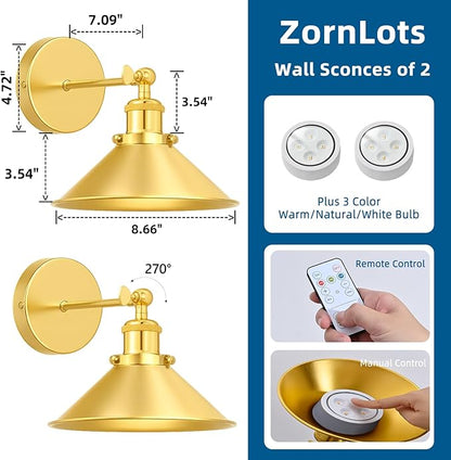 Gold Battery Operated Wall Sconce Set of 2,Vintage Wireless Wall Sconces with Remote,Dimmable Led Wall Lights,Wall Lamp Fixture Indoor Bedroom Living Room Kitchen,LED Bulbs Included