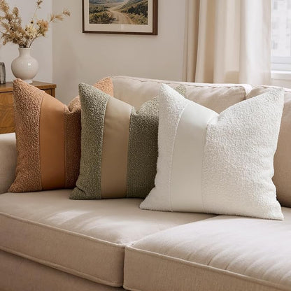 MIULEE Boucle Throw Pillow Covers 20x20 Inch Set of 2 White Faux Leather Textured Decorative Pillow Cases Boho Farmhouse Accents Cushion Covers for Couch Bed Livingroom Home Decor