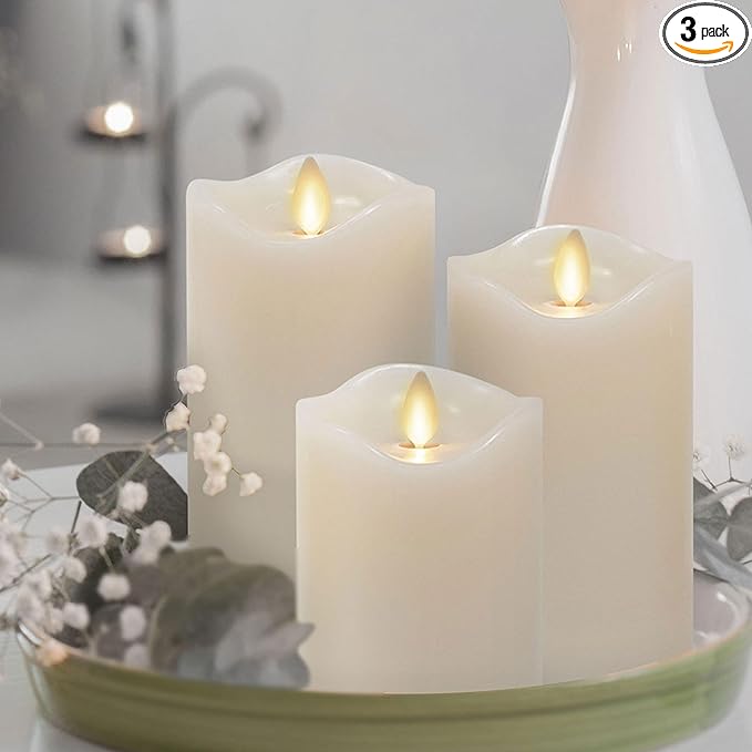 Matchless Candle Co. by Luminara Set of 3 (3" x 4.5",5.5",6.5") Flameless LED Flickering Battery Candle Moving Flame Pillar, Melted Edge, Real Wax Smooth Finish (Unscented)