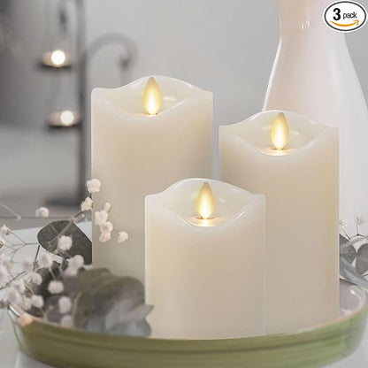 Matchless Candle Co. by Luminara Set of 3 (3" x 4.5",5.5",6.5") Flameless LED Flickering Battery Candle Moving Flame Pillar, Melted Edge, Real Wax Smooth Finish (Unscented)