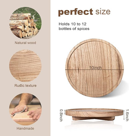 Round Decorative Tray Wood Bathroom Counter Organizer Farmhouse Kitchen Decor Wooden Riser for Soap Dish, Perfume, Candle, Sponge, 10" - Brown