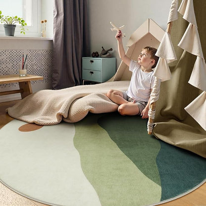 6ft Round Rugs for Living Room,Soft Washable Non-Slip Large Circle Rug,Chic Mountain Low-Pile Circular Bedroom Rug Indoor Round Carpets for Kidsroom/Nursery/Office(Green)