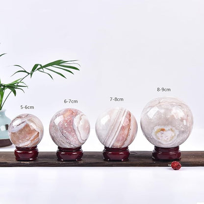 JIC Gem Large Pink Crystal Sphere with Stand Agate Crystal Ball Gemstone Decorative Ball for Home Decor Altar Reiki Healing Gift 80-90mm