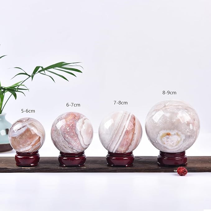 JIC Gem Pink Agate Crystal Ball with Wooden Stand Pink Healing Crystal Sphere Ball for Feng Shui Decor Spiritual Gifts 60-70mm