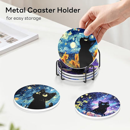 6-Piece Ceramic Coaster Set with Tray Diameter: 3.94 in Thickened Absorbent Material Heat-Resistant and Water-Absorbent Coaster Set Suitable for All Types of Cups， Van Gogh Cats