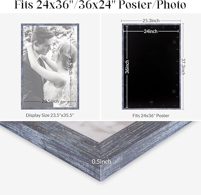 24x36 Poster Frame Rustic Blue, Retro 36 x 24in Picture Frame, Extra Large 24 by 36in Gallery Family Concert Portrait Photo Movie Poster Frame Anniversary/Birthday/Wedding/Thank you/Christmas Gift