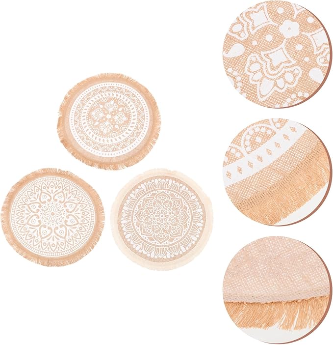 3pcs Round Tassel Placemats Set, Woven Jute Fabric Heat-Resistant Dining Table Mats, Boho Style Table Decor for Indoor Kitchen and Farmhouse Use
